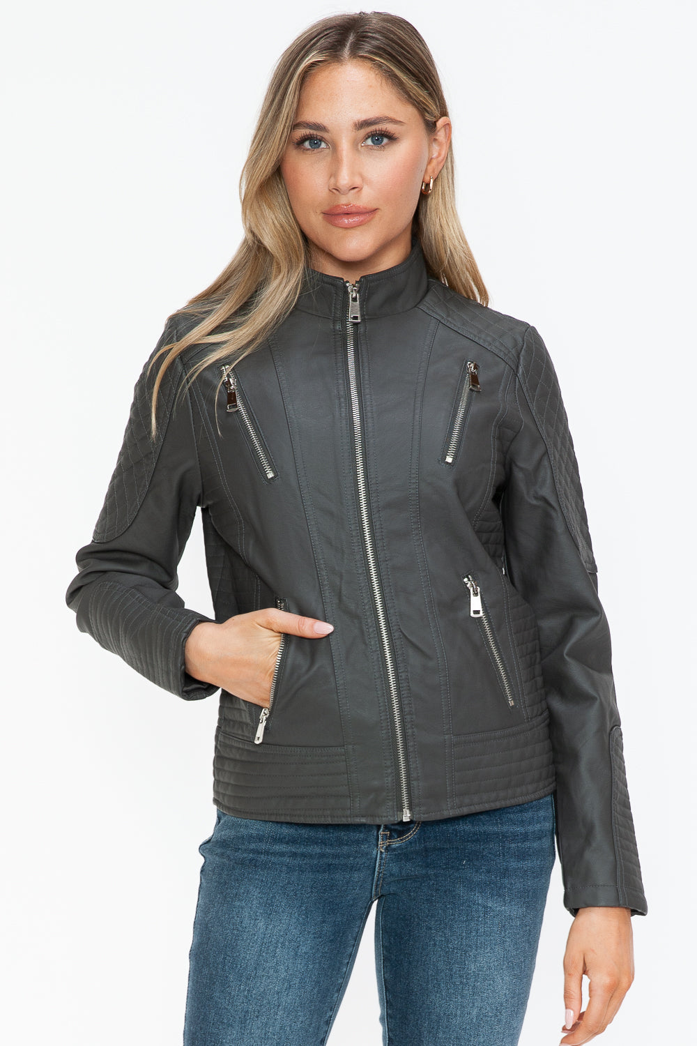 Leather Zip Up Mock Neck Jacket