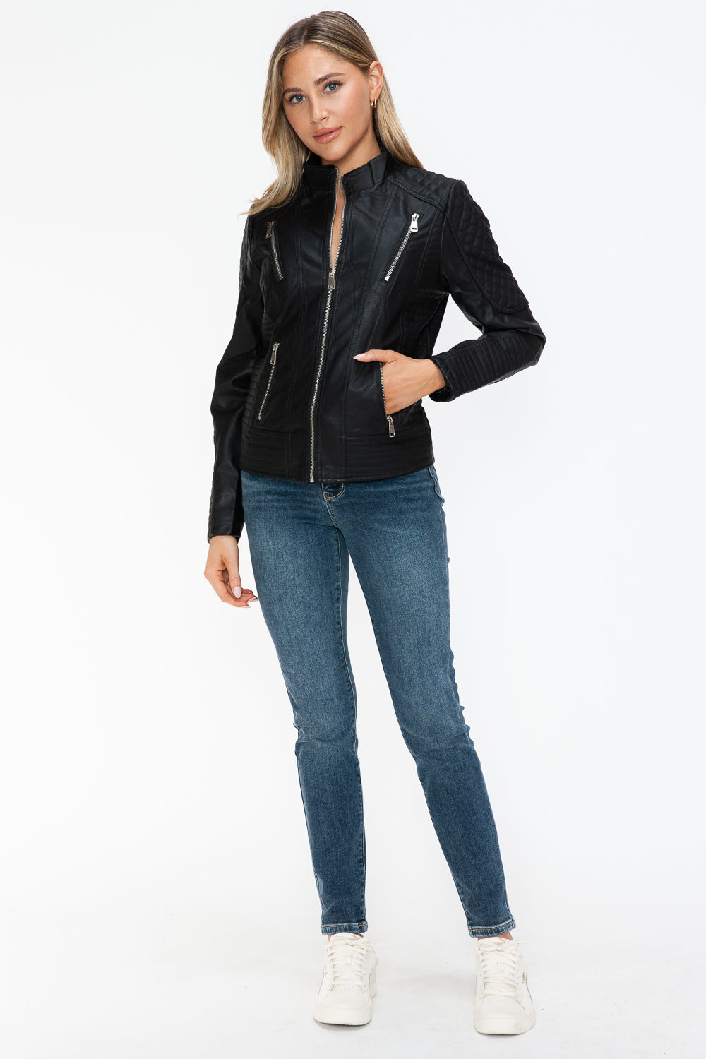 Leather Zip Up Mock Neck Jacket