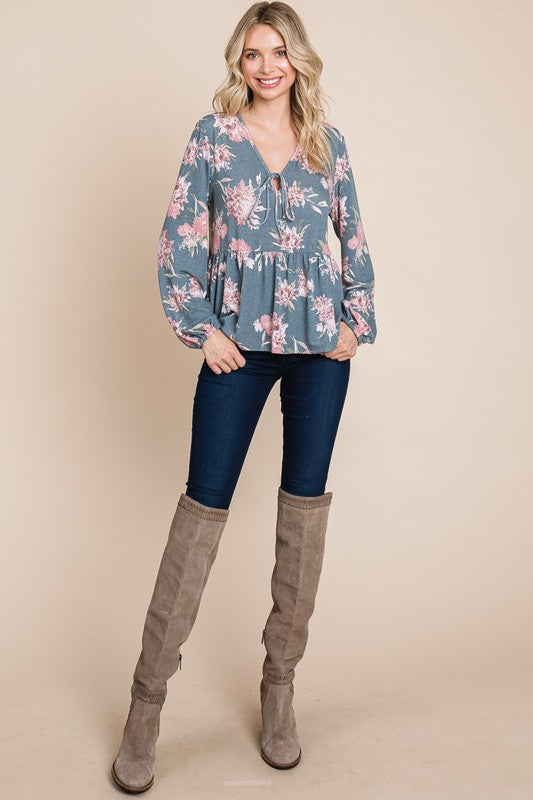 SANSPLAY Babydoll Floral Long Sleeve Blouse