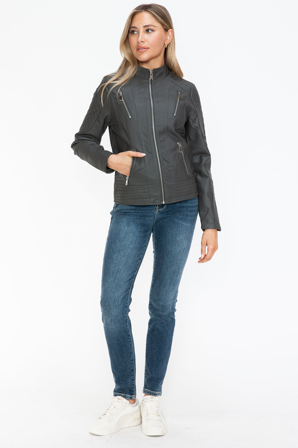 Leather Zip Up Mock Neck Jacket