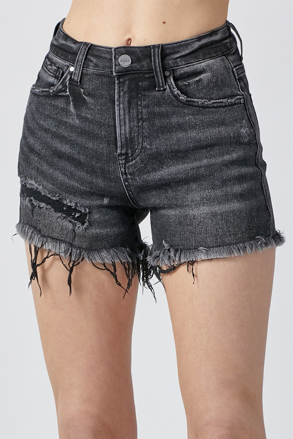 Sapphire Bloom Raw Hem Denim Shorts with Pockets