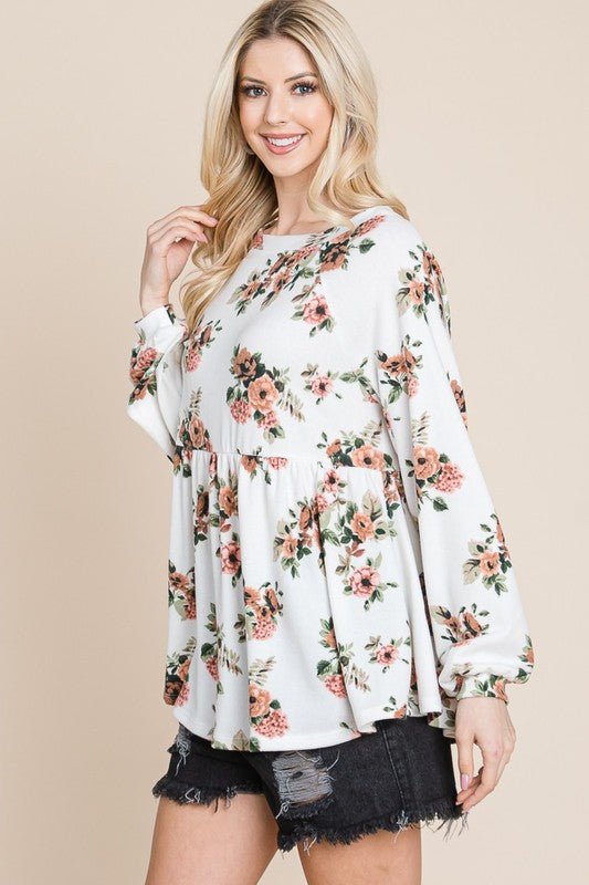 SANSY Babydoll Floral Boat Neck Long Sleeve Blouse