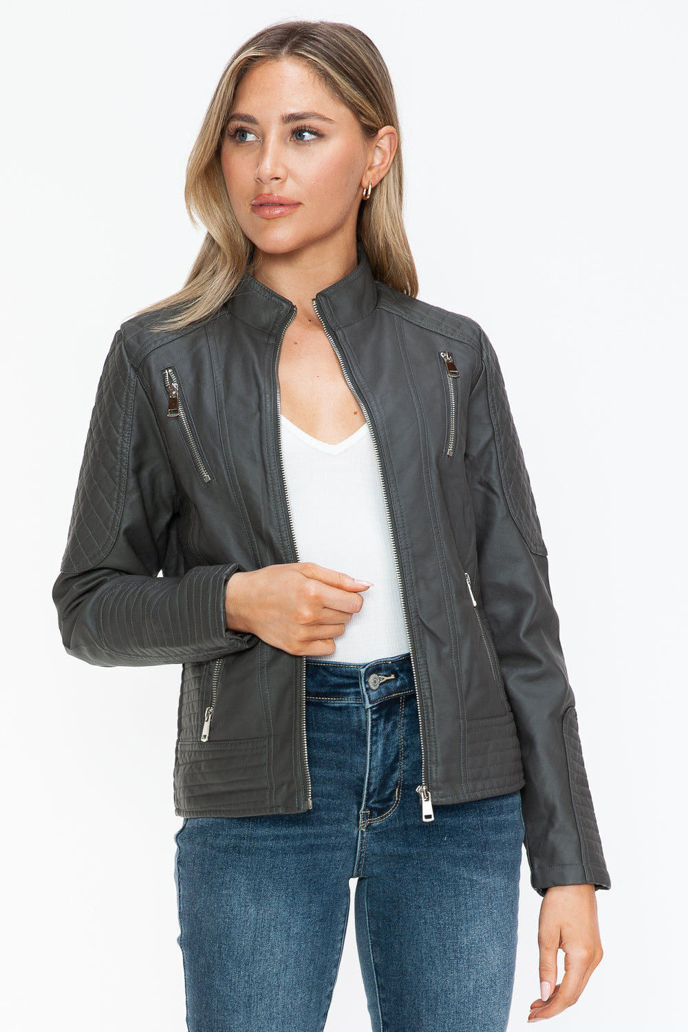 Leather Zip Up Mock Neck Jacket