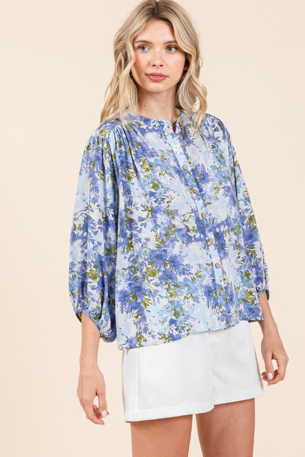 Twilight Glow Flower Print Batwing Sleeve Button Down Blouse