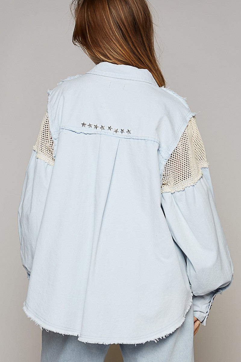 The Epitome Crochet Contrast Button Down Star Studs Shirt