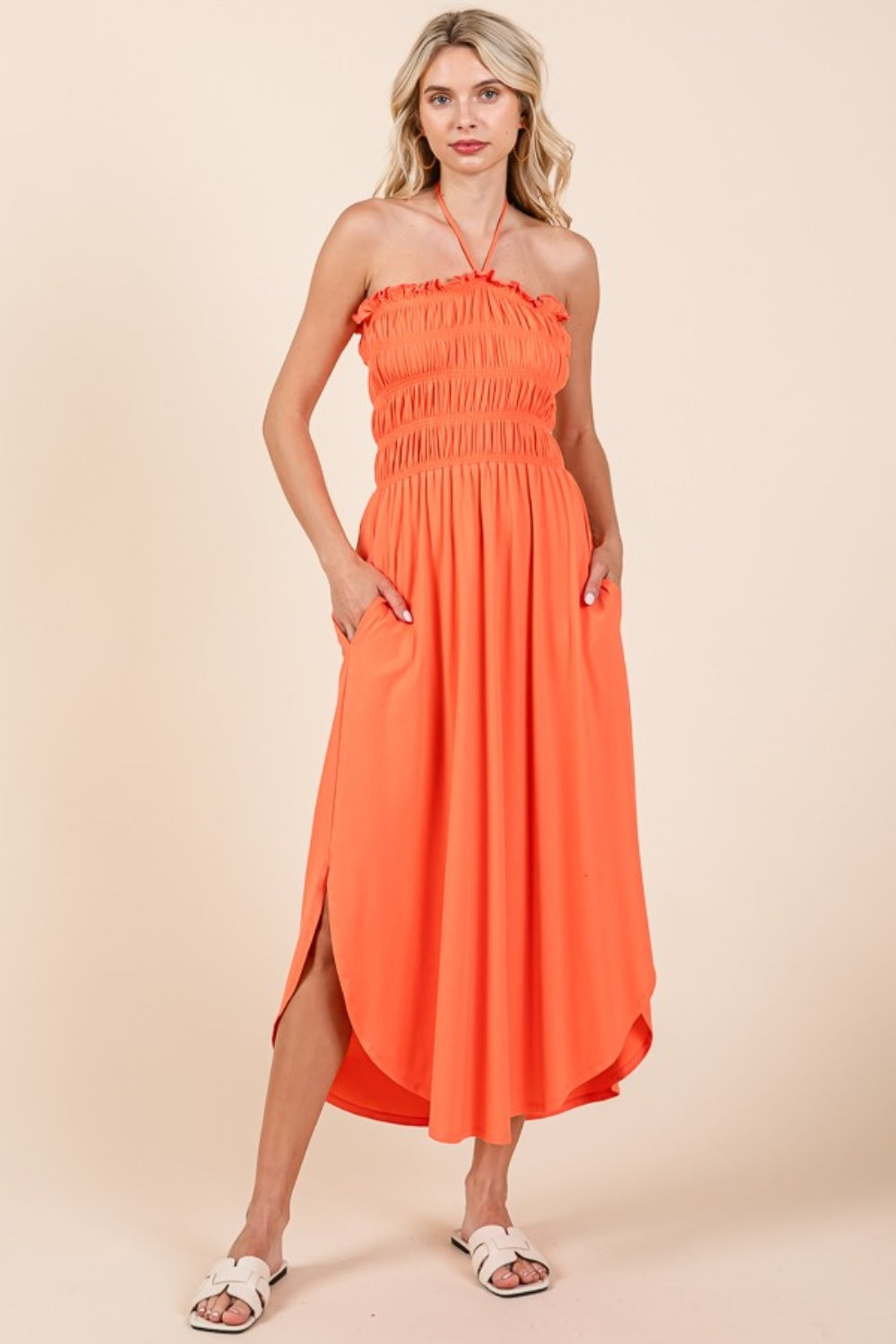 Ephemeral Grace Tie Back Shirring Dress with Pockets