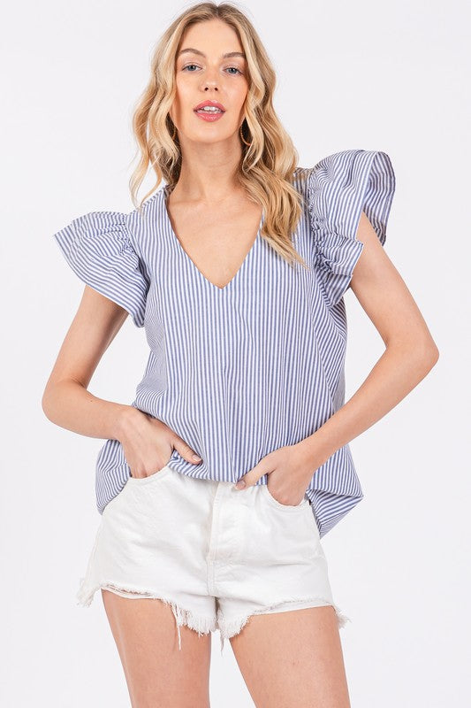 Twirl & Twirl Striped V-Neck Ruffled Cap Sleeve Blouse