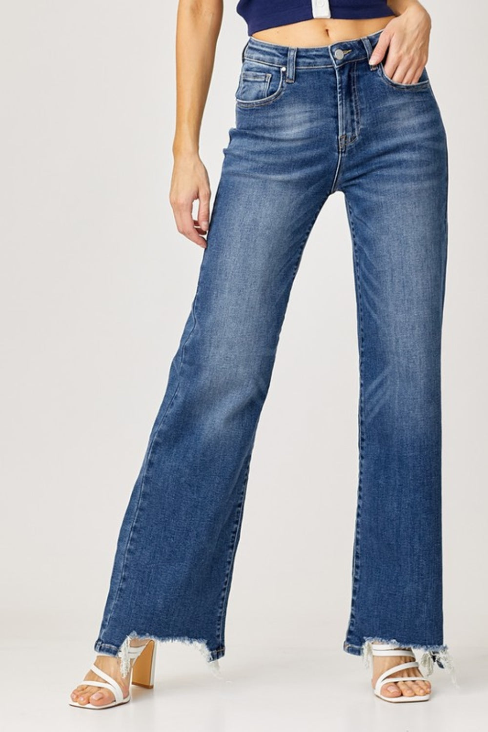 Sansplay Full Size High Rise Frayed Hem Wide Leg Jeans
