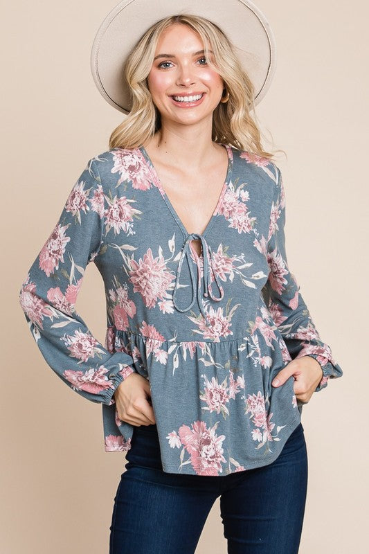 SANSPLAY Babydoll Floral Long Sleeve Blouse