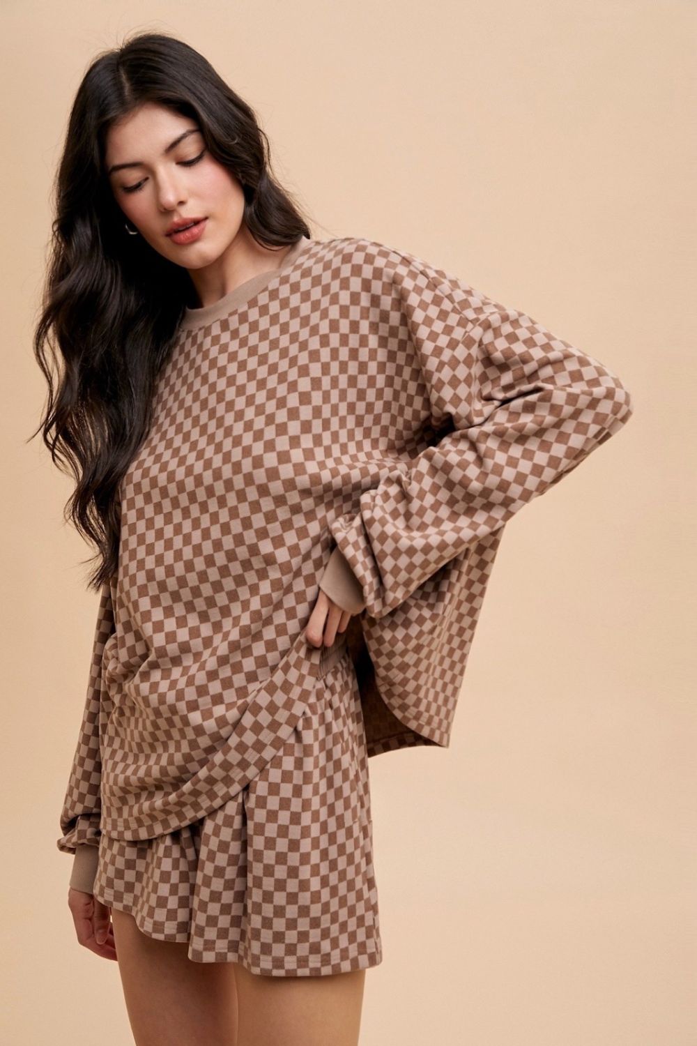 Sansplay Luxe Two-Piece Checkered Round Neck Top and Drawstring Shorts Set