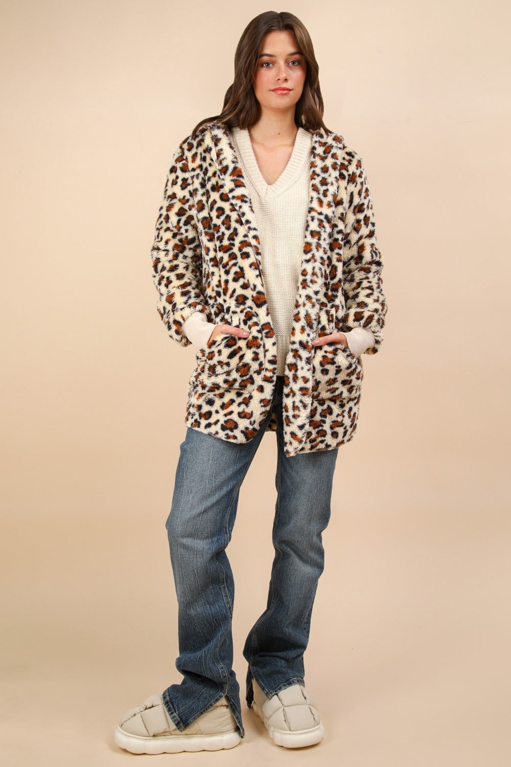 Defiant Fuzzy Leopard Long Sleeve Hooded Jacket