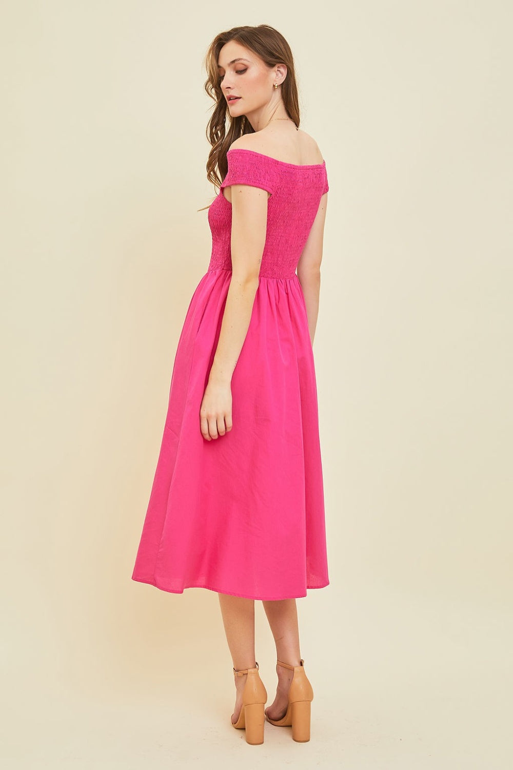 Whimsy Off-Shoulder Smocked Midi Dress