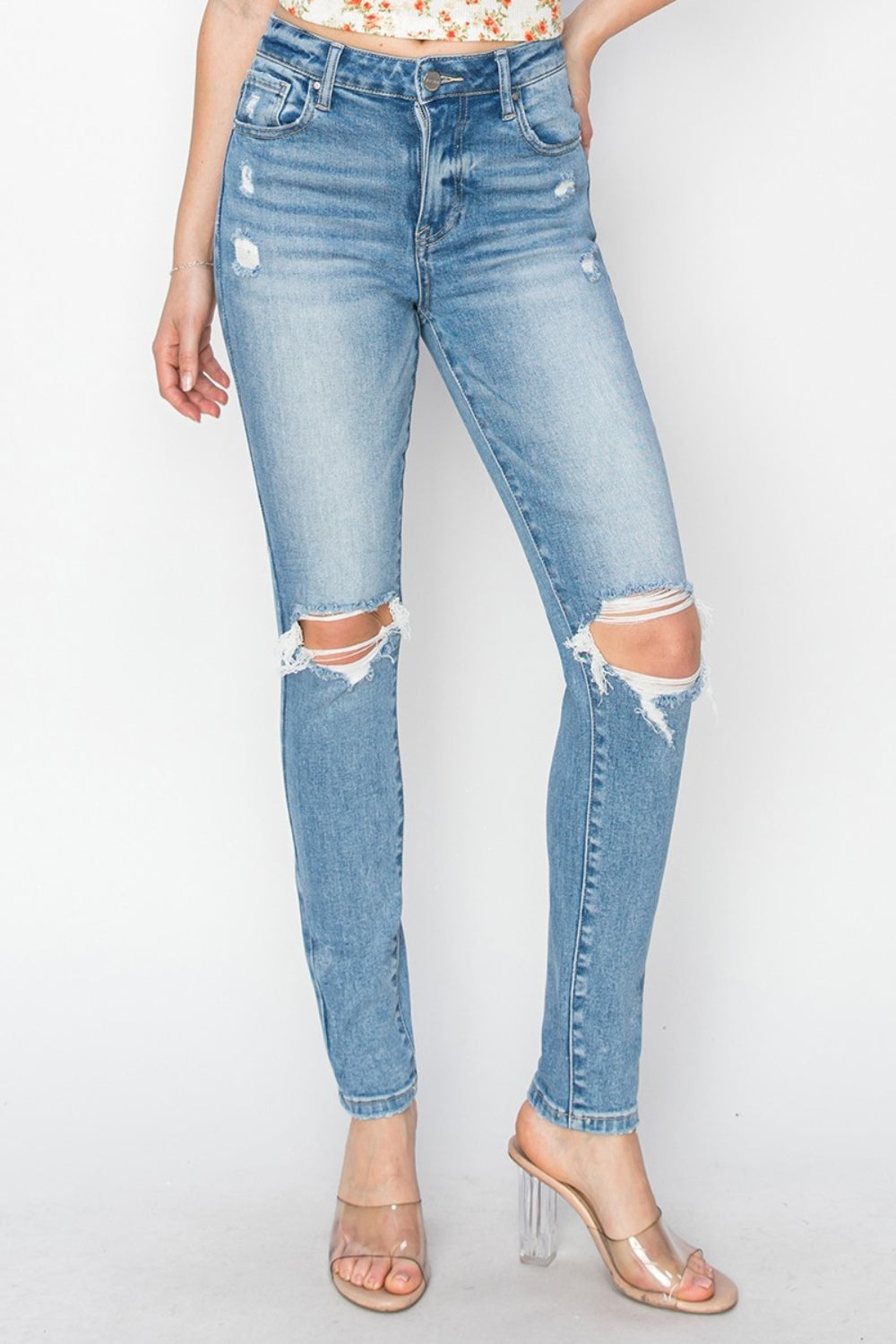 The 1940's Straight High Rise Knee Distressed Skinny Jeans