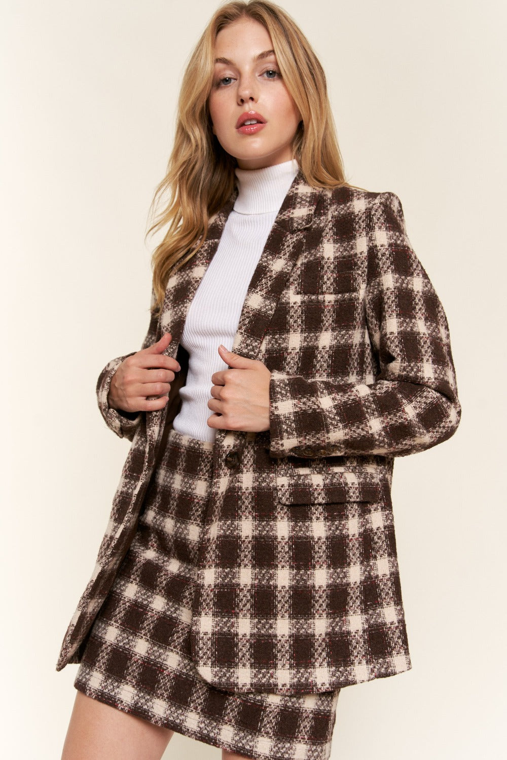 Full Size Plaid Brushed One Button Blazer