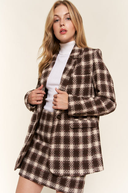 Full Size Plaid Brushed One Button Blazer