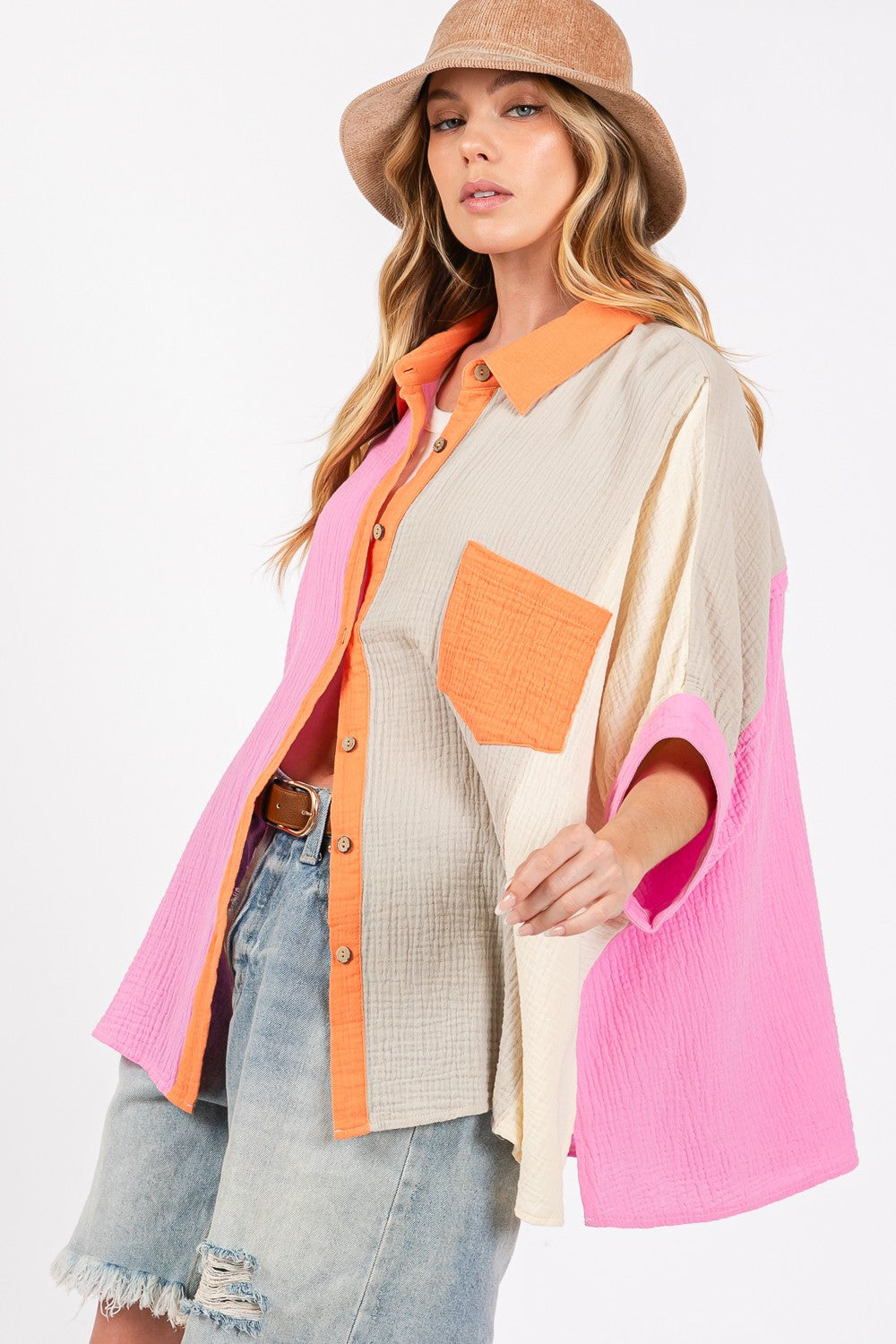 Captivate Full Size Color Block Button-Down Shirt