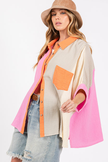 Captivate Full Size Color Block Button-Down Shirt