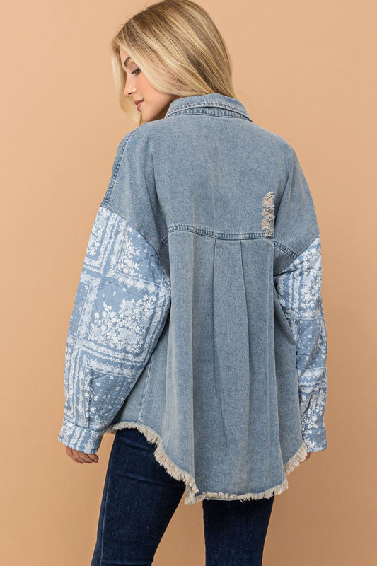 San splay Full Size Paisley Print Quilted Sleeves Denim Jacket