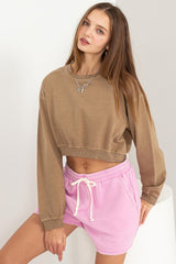 Sans Round Neck Long Sleeve Cropped Sweatshirt