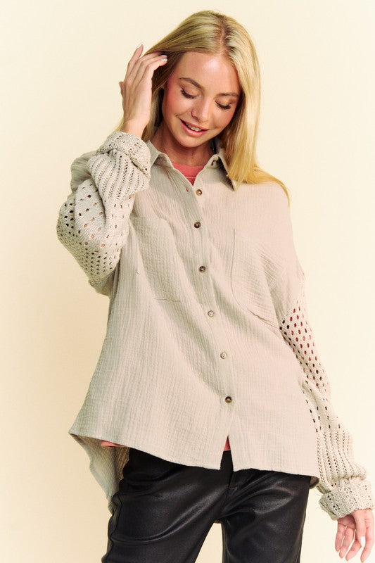 The Must-Have Crochet Sleeve Crinkled Texture Shirt
