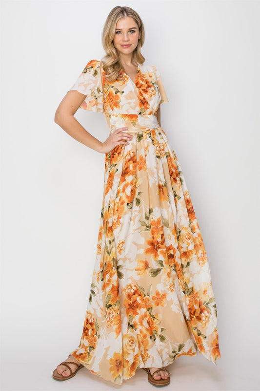Tie Back Short Sleeve Slit Maxi Dress