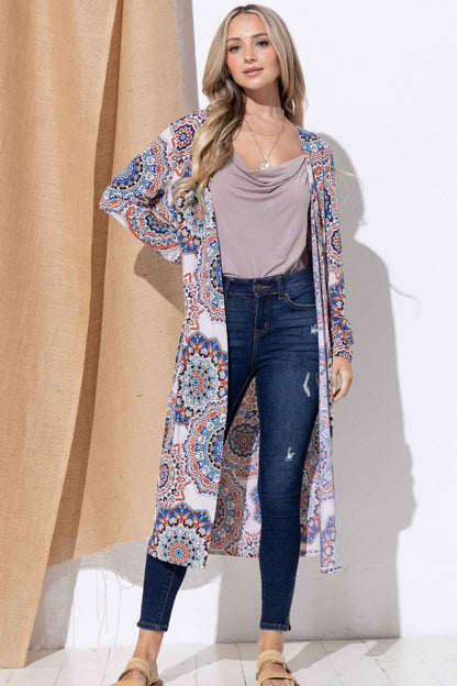 The Precious Merino Printed Kimono Open Front Longline Cardigan