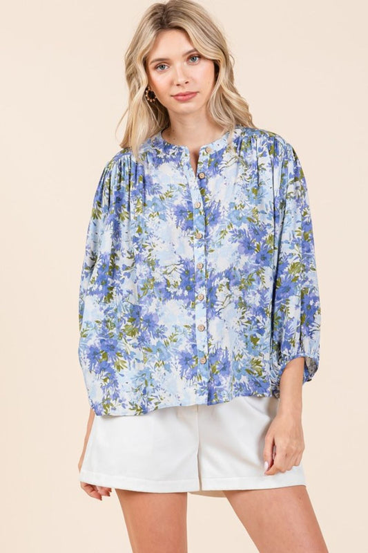 Twilight Glow Flower Print Batwing Sleeve Button Down Blouse