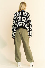 The Couture Knit Two Tone Flower Square Crochet Open Front Cardigan