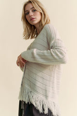 The Couture Knit Fringe V-Neck Button Up Long Sleeve Cardigan