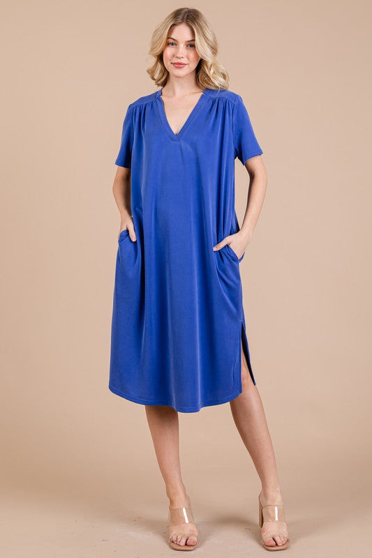 Heart's Desire Side Slit Short Sleeve Midi Dress with Pockets