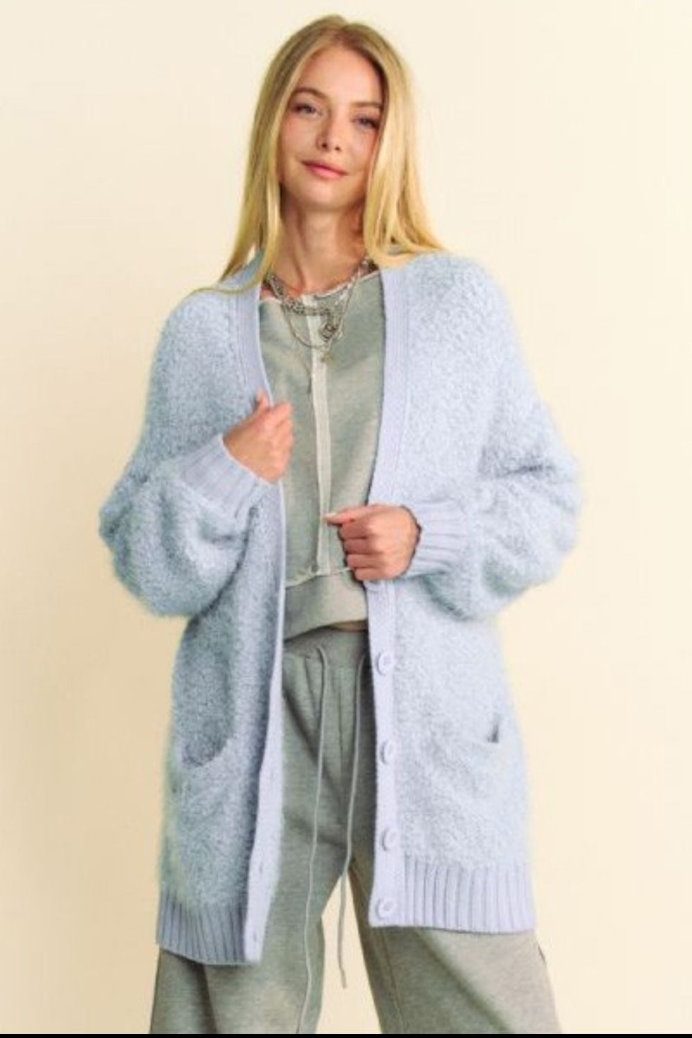 Ribbed Hem Button Up Long Sleeve Cardigan