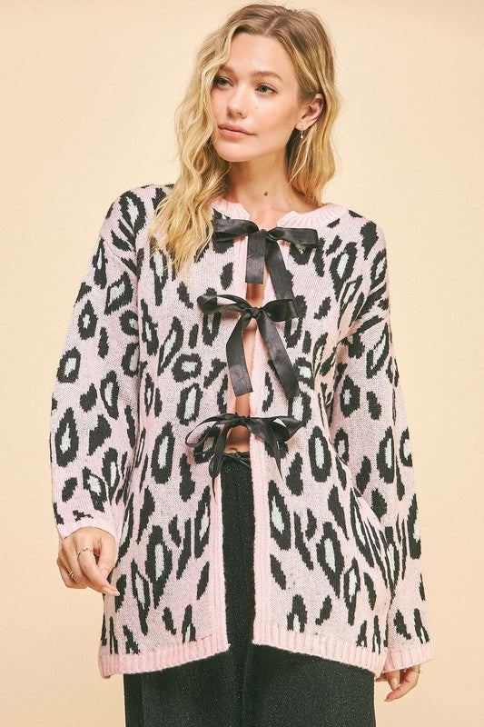 The Couture Knit Leopard Ribbon Tie Front Loose Fit Cardigan