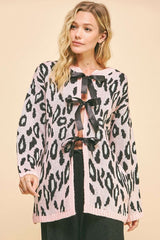 The Couture Knit Leopard Ribbon Tie Front Loose Fit Cardigan