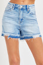 Heritage Denim High Rise Distressed Hem Denim Shorts