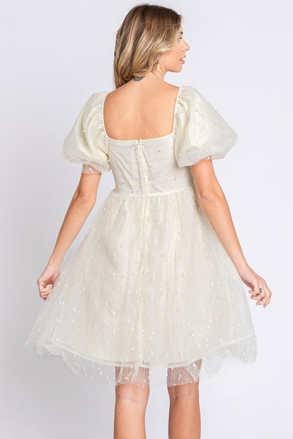 Sansplay Pearl Mesh Puff Sleeve Babydoll Dress
