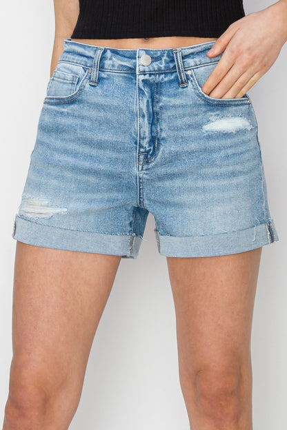 Sapphire Bloom Distressed Mid-Rise Waist Denim Shorts