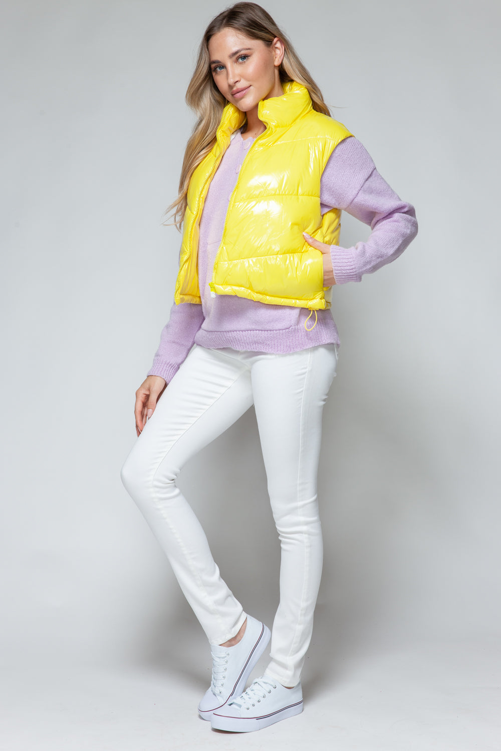 Yellow Zip Up Turtleneck Shiny Quilted Vest