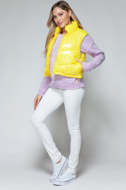 Yellow Zip Up Turtleneck Shiny Quilted Vest