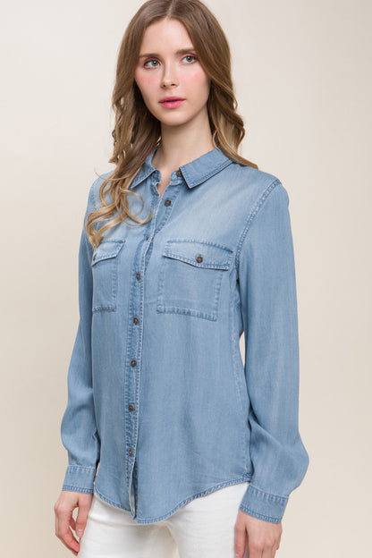 Hemp Harmony Scooped Hem Button Up Denim Shirt