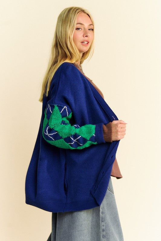 The Couture Knit Argyle V-Neck Dropped Shoulder Cardigan