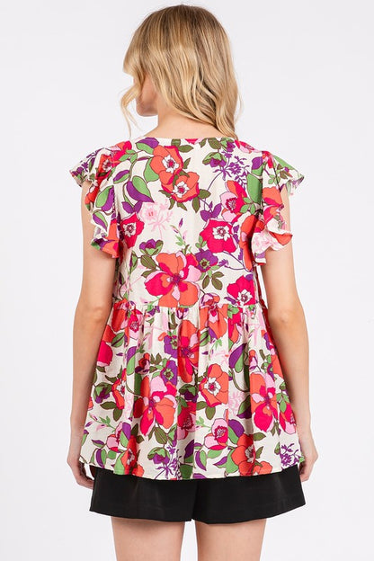 Urban Romance Floral V-Neck Ruffled Cap Sleeve Blouse