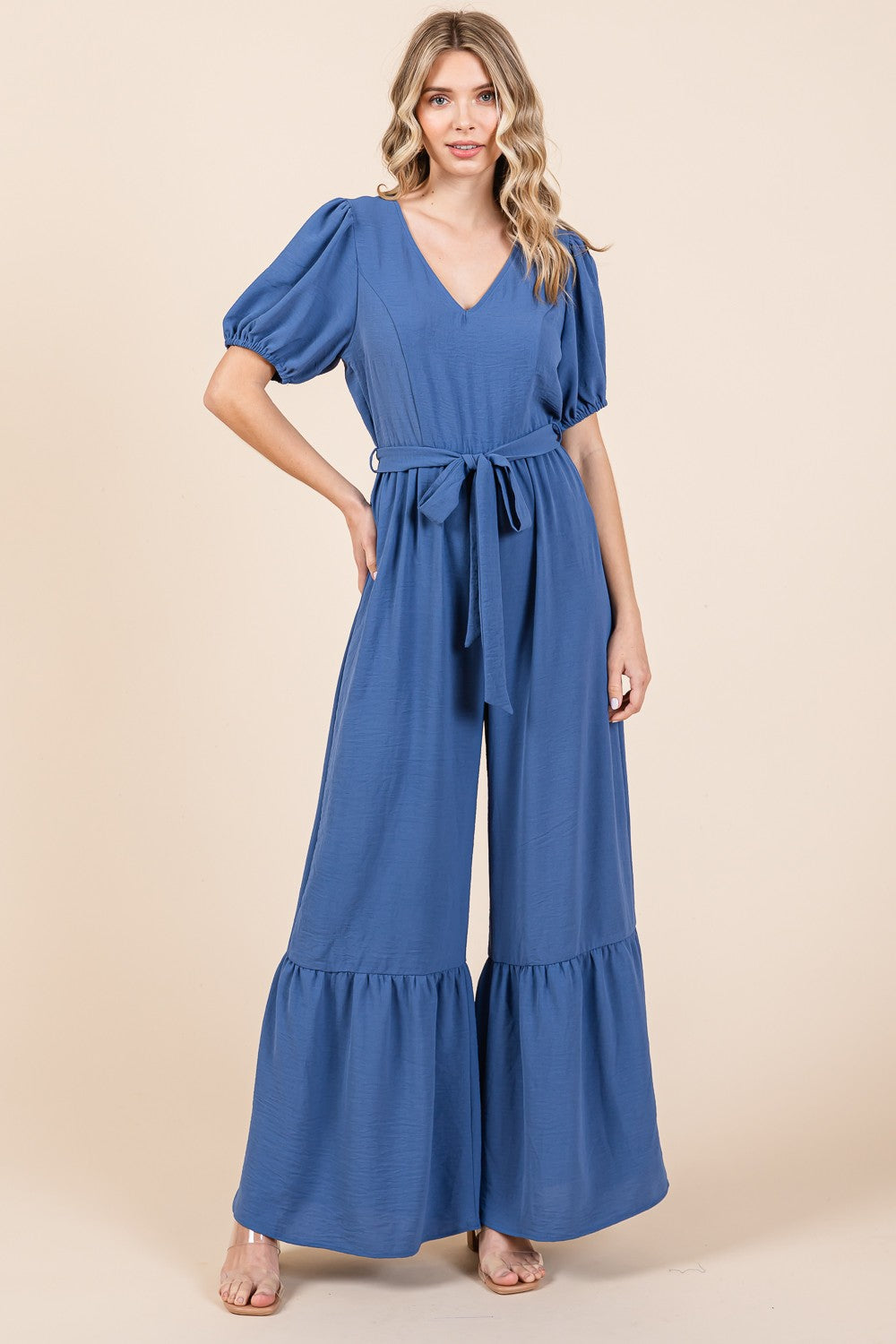 Sans V-Neck Belted Wide Leg Jumpsuit
