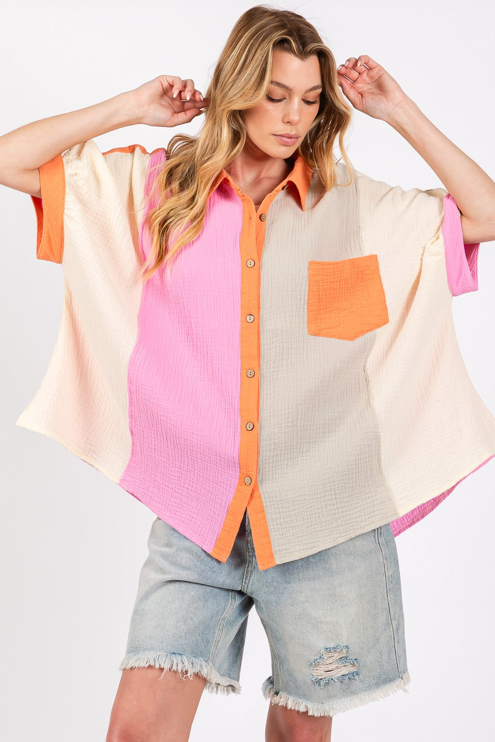 Captivate Full Size Color Block Button-Down Shirt