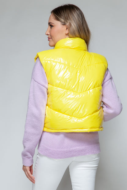 Yellow Zip Up Turtleneck Shiny Quilted Vest