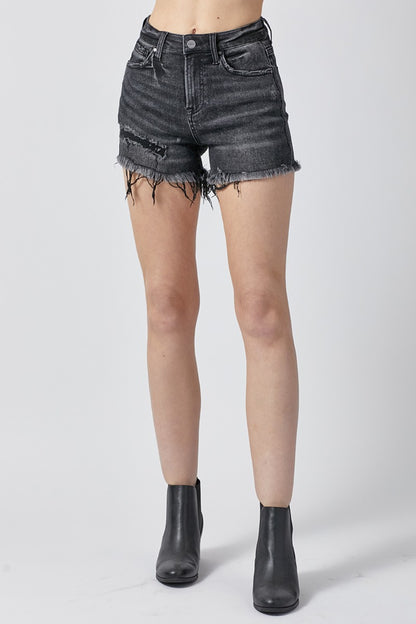 Sapphire Bloom Raw Hem Denim Shorts with Pockets