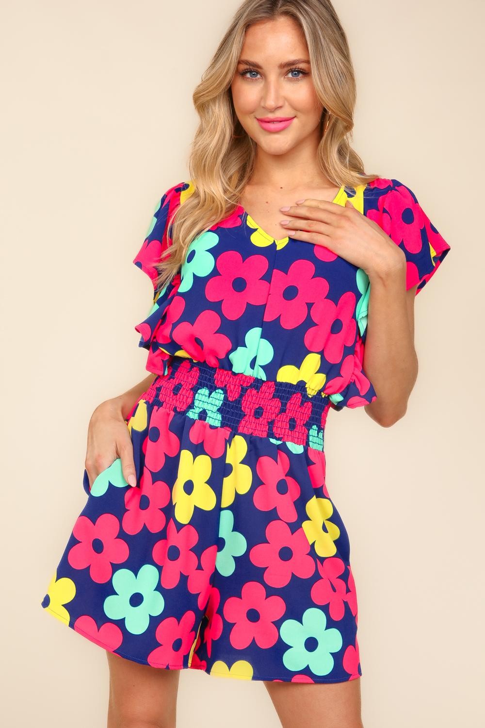 Handmade Smocked Waist Romper with Side Pockets