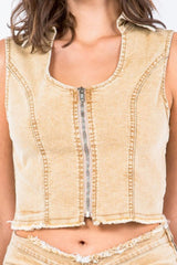 Sans Zip Up Washed Crop Denim Vest