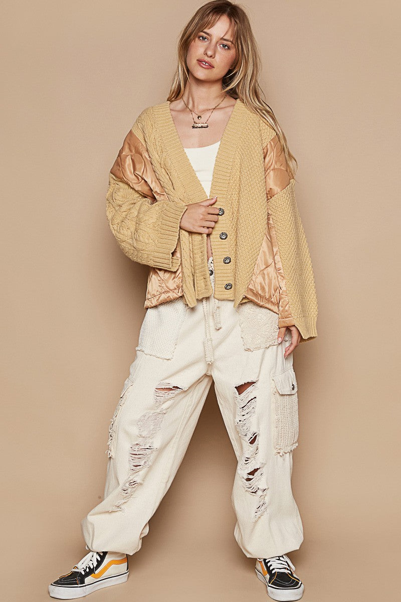 Sansplay Quilting Patch Button Up Cable Knit Jacket