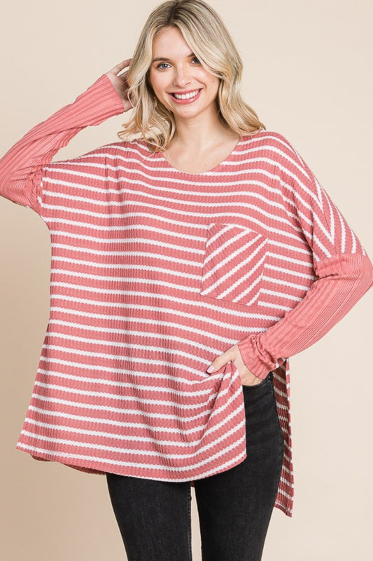 Sans Oversize Striped Round Neck Long Sleeve Slit T-Shirt