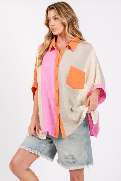 Captivate Full Size Color Block Button-Down Shirt